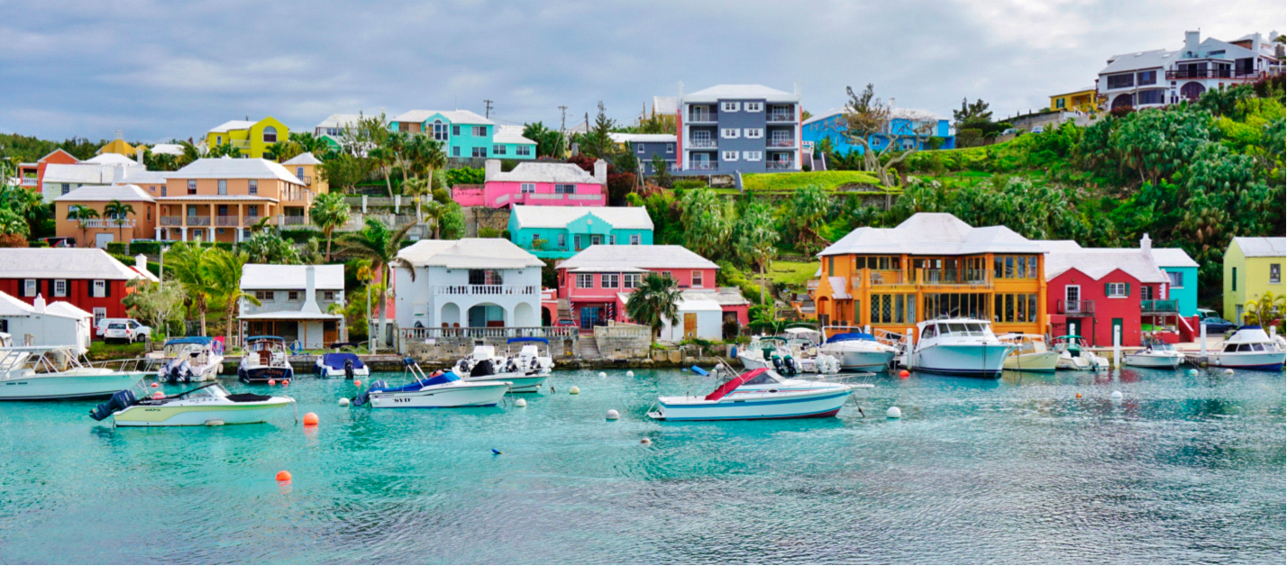 View of Flatts village in Bermuda, speedboats and the sea